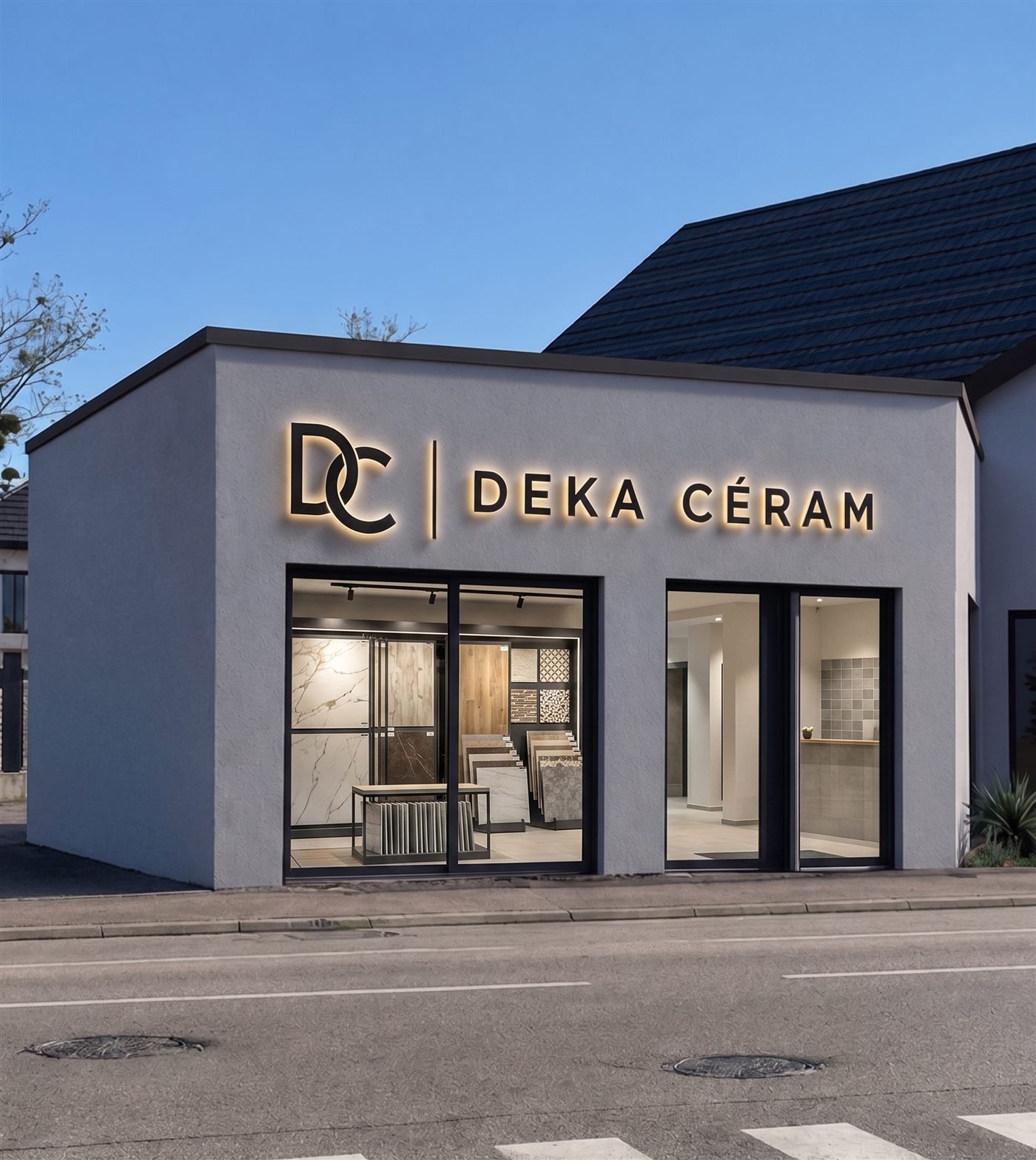 Le showroom DEKA CÉRAM à Thorey-en-Plaine, enseigne rétroéclairée à la tombée du jour